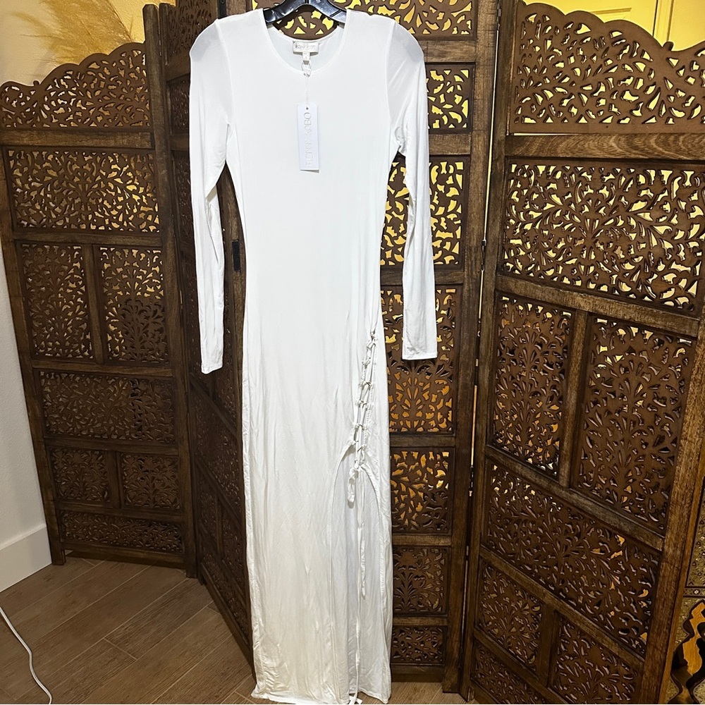 NWT Ronny Kobo Women's White Tamara Jersey Lace-up Slit Dress sz small reg $480 - Picture 5 of 7